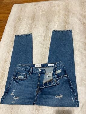 Frame Denim Straight-Leg Distressed Blue Jeans